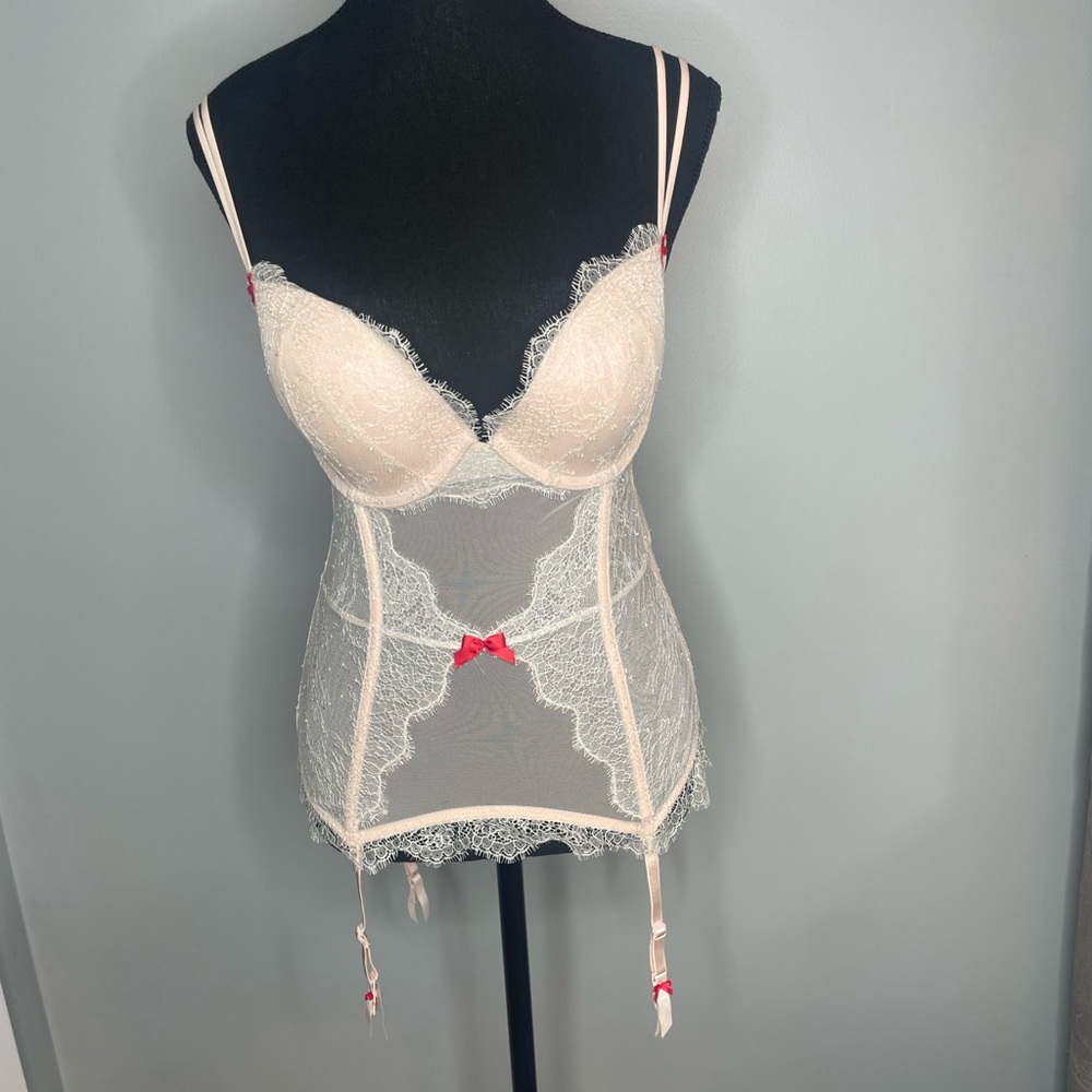 Victoria's Secret Cream Lace Bustier with Red Bow
